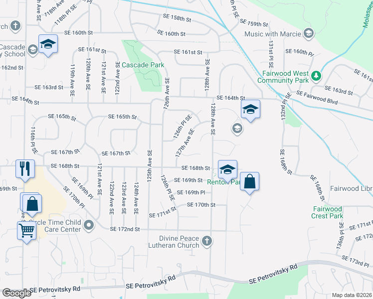map of restaurants, bars, coffee shops, grocery stores, and more near 16641 127th Avenue Southeast in Renton