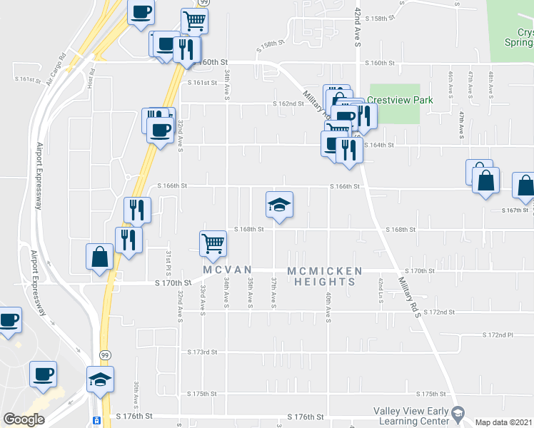 map of restaurants, bars, coffee shops, grocery stores, and more near 16637 37th Avenue South in SeaTac