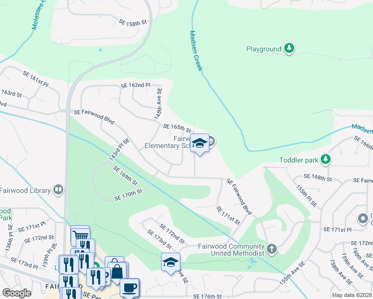 map of restaurants, bars, coffee shops, grocery stores, and more near 16518 147th Avenue Southeast in Renton