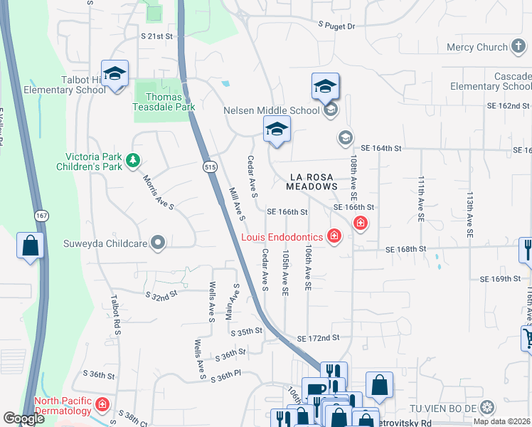 map of restaurants, bars, coffee shops, grocery stores, and more near 2914 Cedar Avenue South in Renton