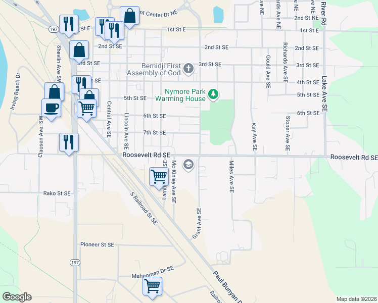 map of restaurants, bars, coffee shops, grocery stores, and more near 1021 County Road 8 in Bemidji