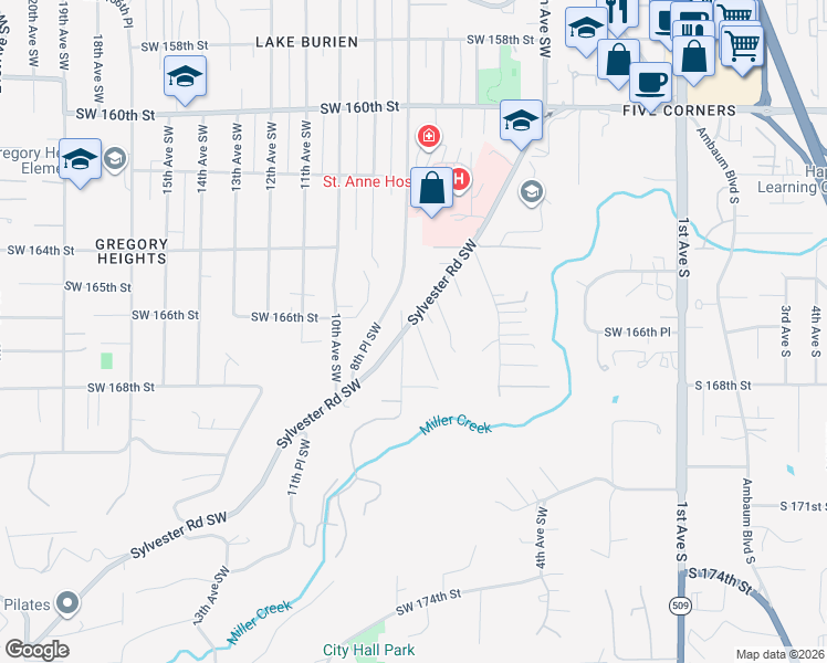 map of restaurants, bars, coffee shops, grocery stores, and more near 16614 Sylvester Road Southwest in Burien