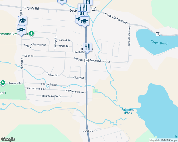 map of restaurants, bars, coffee shops, grocery stores, and more near 501 Main Road in St. John's
