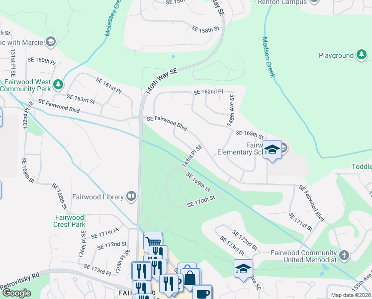 map of restaurants, bars, coffee shops, grocery stores, and more near 16415 143rd Place Southeast in Renton