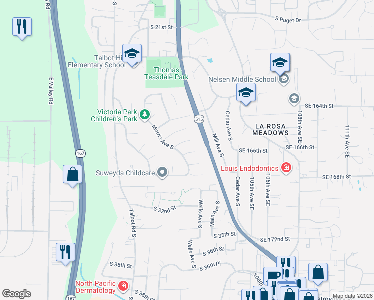 map of restaurants, bars, coffee shops, grocery stores, and more near 908 South 30th Place in Renton