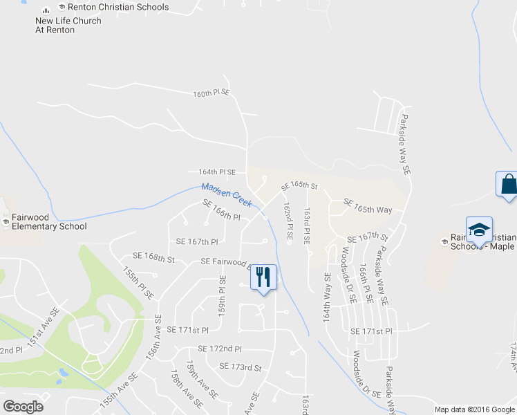 map of restaurants, bars, coffee shops, grocery stores, and more near 16115 Southeast 166 Street in Renton