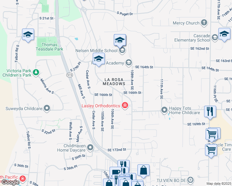 map of restaurants, bars, coffee shops, grocery stores, and more near 16550 106th Avenue Southeast in Renton