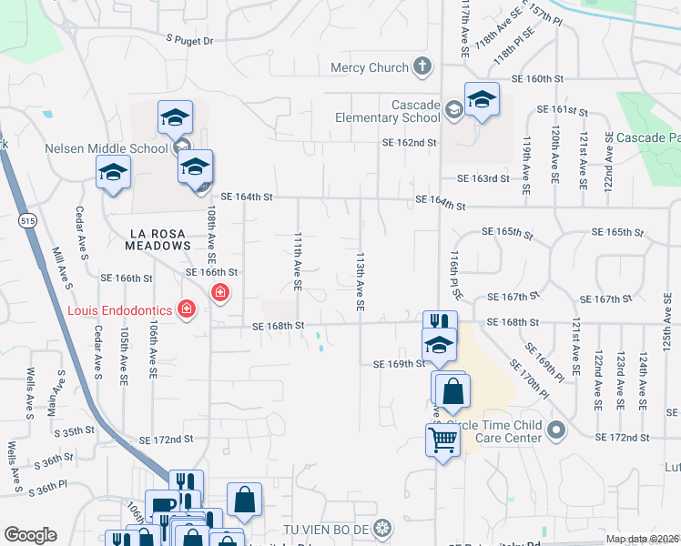 map of restaurants, bars, coffee shops, grocery stores, and more near 16603 113th Avenue Southeast in Renton