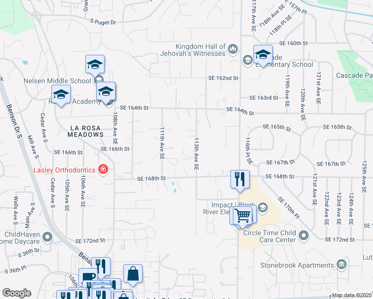 map of restaurants, bars, coffee shops, grocery stores, and more near 11222 Southeast 166th Place in Renton