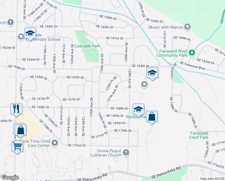 map of restaurants, bars, coffee shops, grocery stores, and more near 16641 127th Avenue Southeast in Renton
