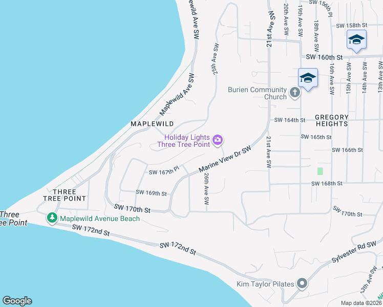 map of restaurants, bars, coffee shops, grocery stores, and more near 2630 Southwest 167th Place in Burien