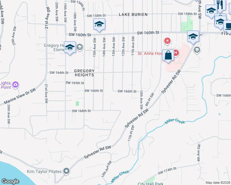 map of restaurants, bars, coffee shops, grocery stores, and more near 1211 Southwest 166th Street in Burien