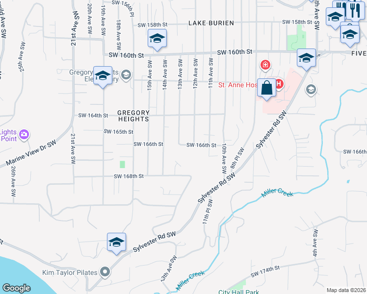 map of restaurants, bars, coffee shops, grocery stores, and more near 1211 Southwest 166th Street in Burien