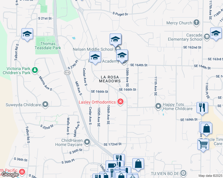 map of restaurants, bars, coffee shops, grocery stores, and more near 16550 106th Avenue Southeast in Renton