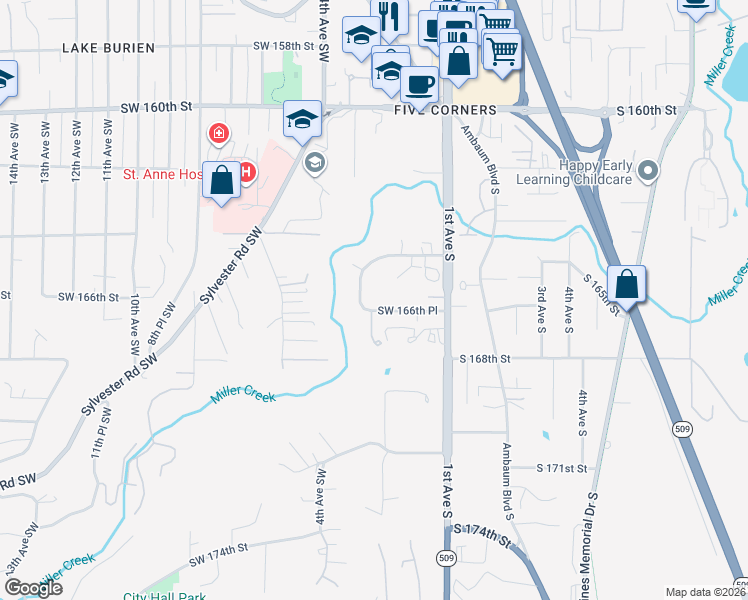 map of restaurants, bars, coffee shops, grocery stores, and more near 238 Southwest 166th Place in Burien