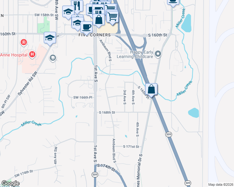 map of restaurants, bars, coffee shops, grocery stores, and more near 208 South 167th Street in Burien