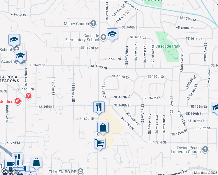 map of restaurants, bars, coffee shops, grocery stores, and more near 11700 Southeast 166th Place in Renton