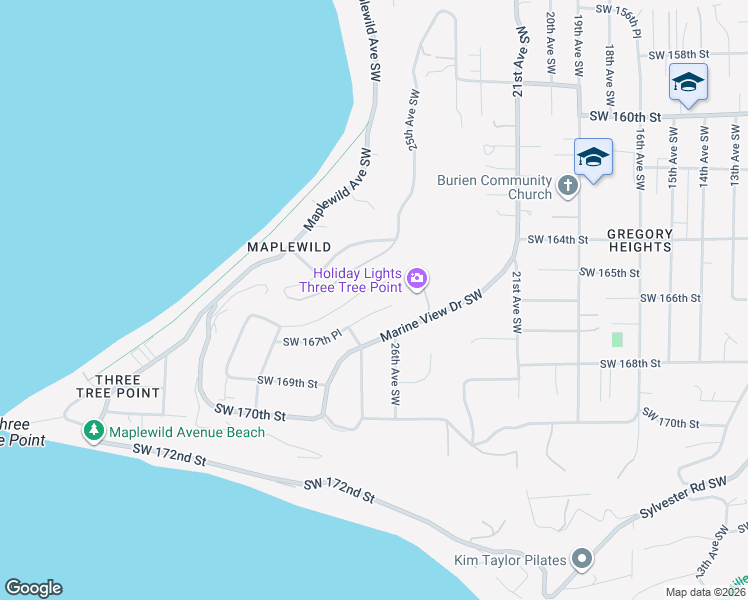 map of restaurants, bars, coffee shops, grocery stores, and more near 2630 Southwest 167th Place in Burien