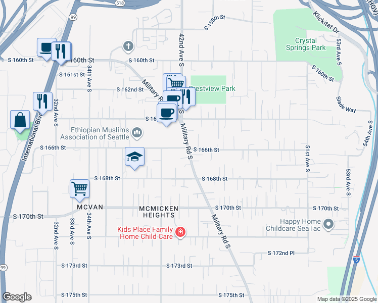 map of restaurants, bars, coffee shops, grocery stores, and more near 16620 Military Road South in SeaTac