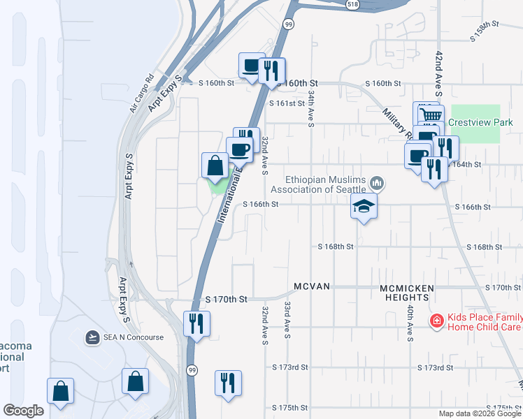 map of restaurants, bars, coffee shops, grocery stores, and more near 16618 32nd Avenue South in SeaTac