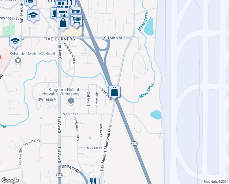 map of restaurants, bars, coffee shops, grocery stores, and more near Highway 509 in Burien