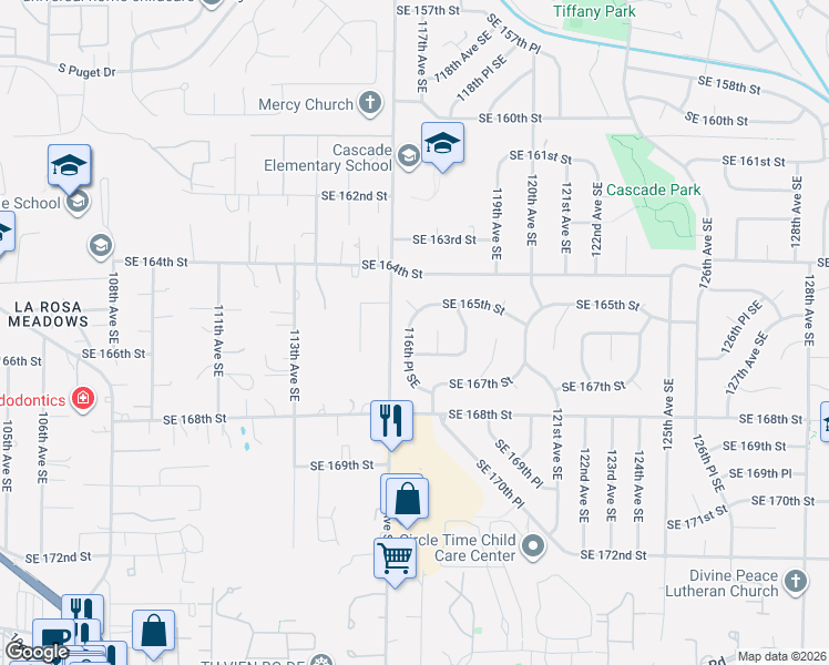 map of restaurants, bars, coffee shops, grocery stores, and more near 16526 116th Place Southeast in Renton