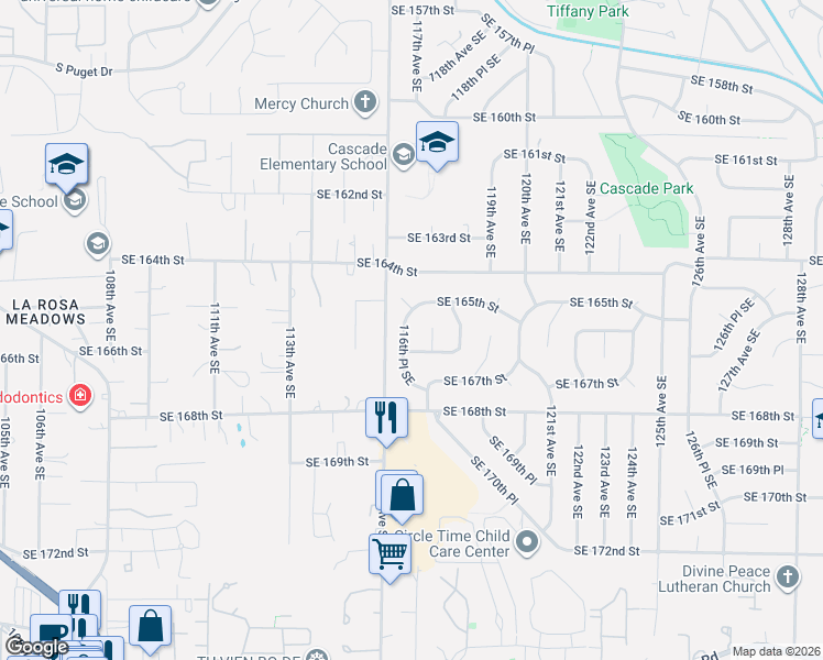 map of restaurants, bars, coffee shops, grocery stores, and more near 16605 116th Place Southeast in Renton