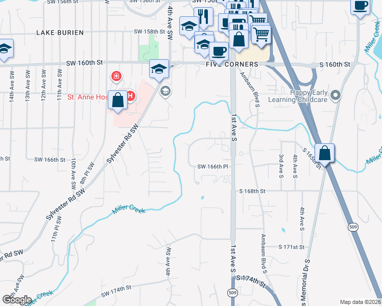 map of restaurants, bars, coffee shops, grocery stores, and more near 238 Southwest 166th Place in Burien
