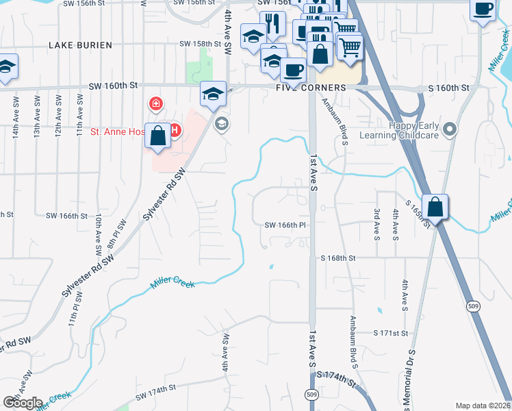 map of restaurants, bars, coffee shops, grocery stores, and more near 238 Southwest 166th Place in Burien