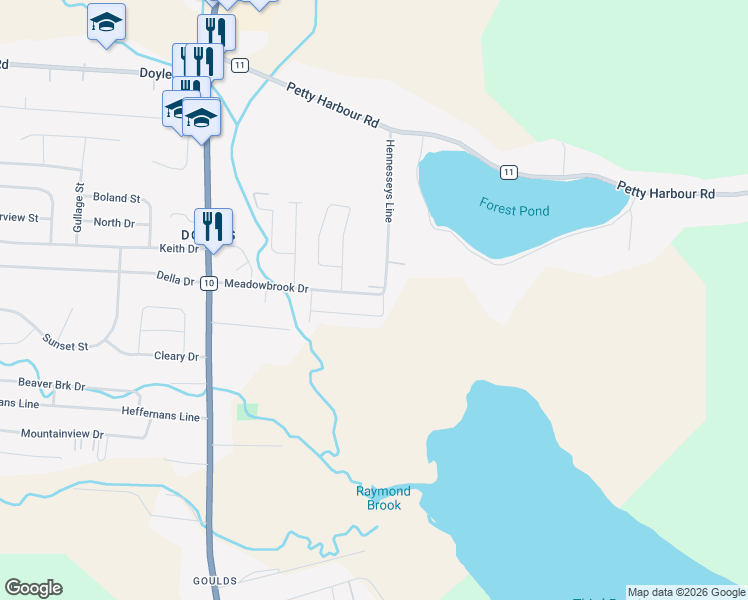 map of restaurants, bars, coffee shops, grocery stores, and more near 74 Meadowbrook Drive in St. John's