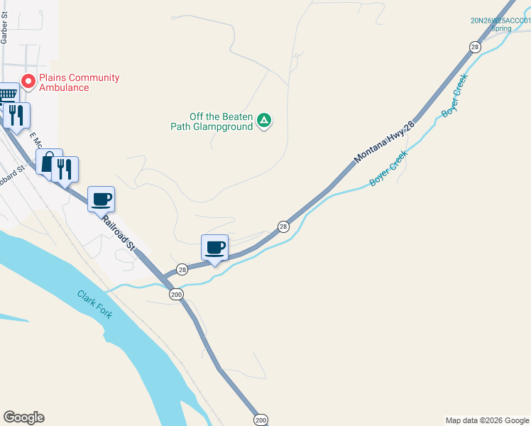 map of restaurants, bars, coffee shops, grocery stores, and more near 49 Montana 28 in Plains