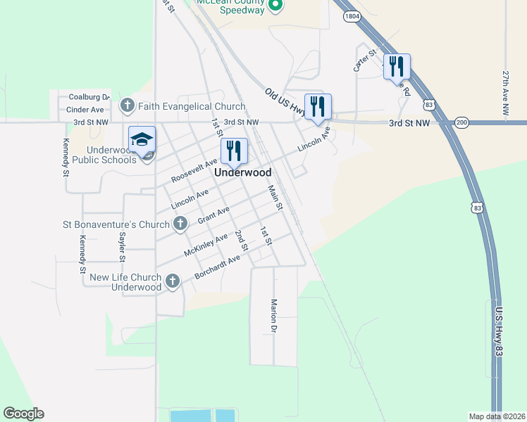 map of restaurants, bars, coffee shops, grocery stores, and more near 1-111 Grant Avenue in Underwood