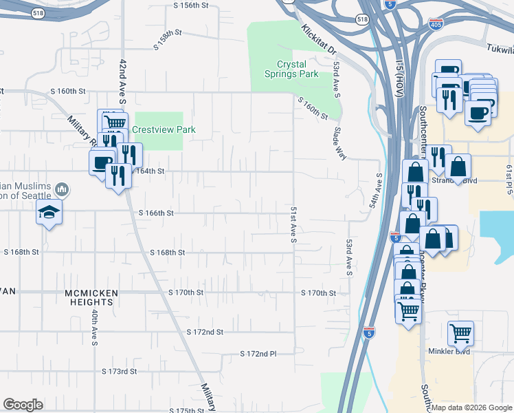 map of restaurants, bars, coffee shops, grocery stores, and more near 4818 South 166th Street in SeaTac