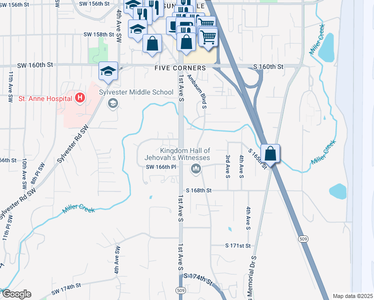 map of restaurants, bars, coffee shops, grocery stores, and more near 110 Southwest 164th Place in Burien