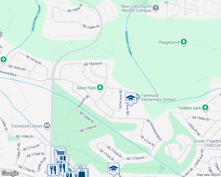 map of restaurants, bars, coffee shops, grocery stores, and more near 14500 Southeast 165th Street in Renton