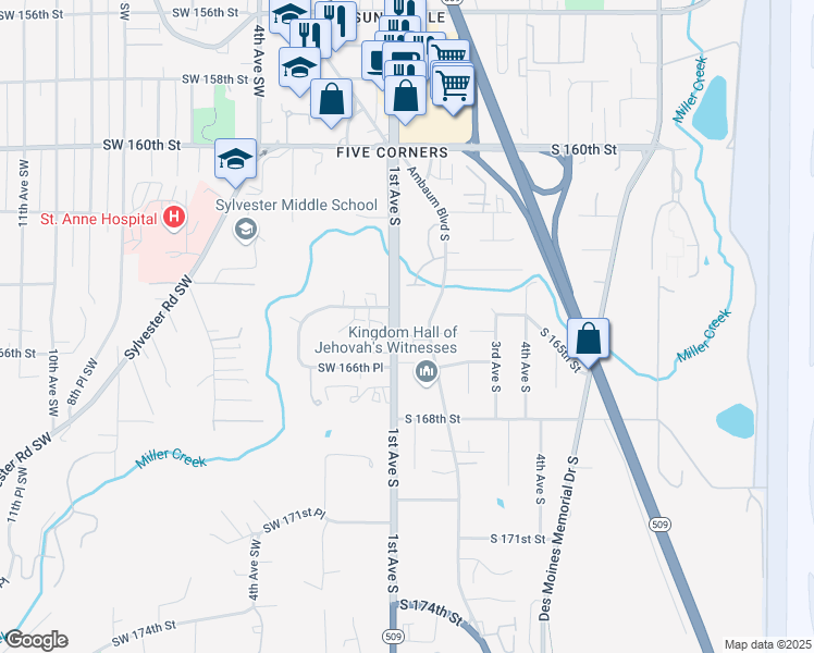 map of restaurants, bars, coffee shops, grocery stores, and more near 110 Southwest 164th Place in Burien