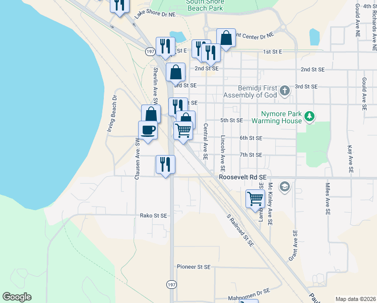 map of restaurants, bars, coffee shops, grocery stores, and more near 601 U.S. 2 Old in Bemidji