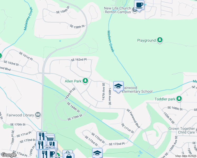 map of restaurants, bars, coffee shops, grocery stores, and more near 14602 Southeast 165th Place in Renton