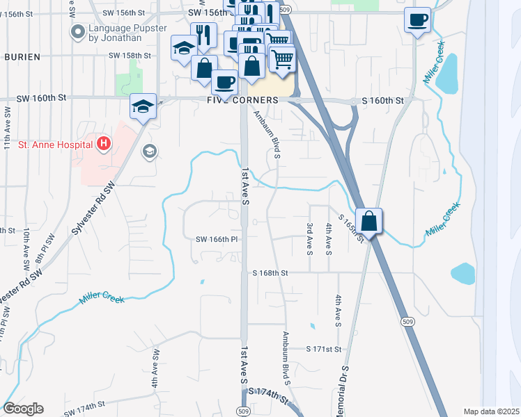 map of restaurants, bars, coffee shops, grocery stores, and more near 16431 Ambaum Boulevard South in Burien