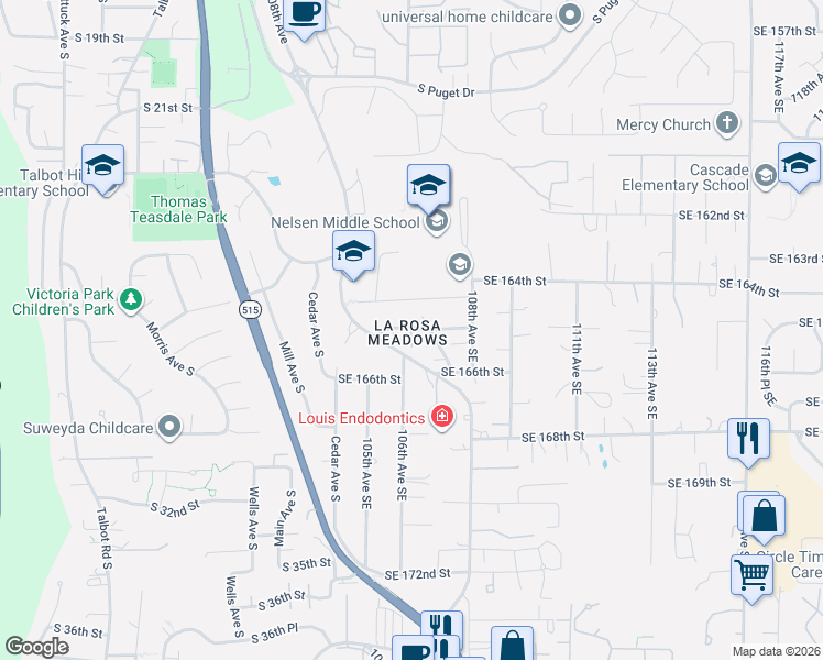 map of restaurants, bars, coffee shops, grocery stores, and more near 1506 South 28th Street in Renton