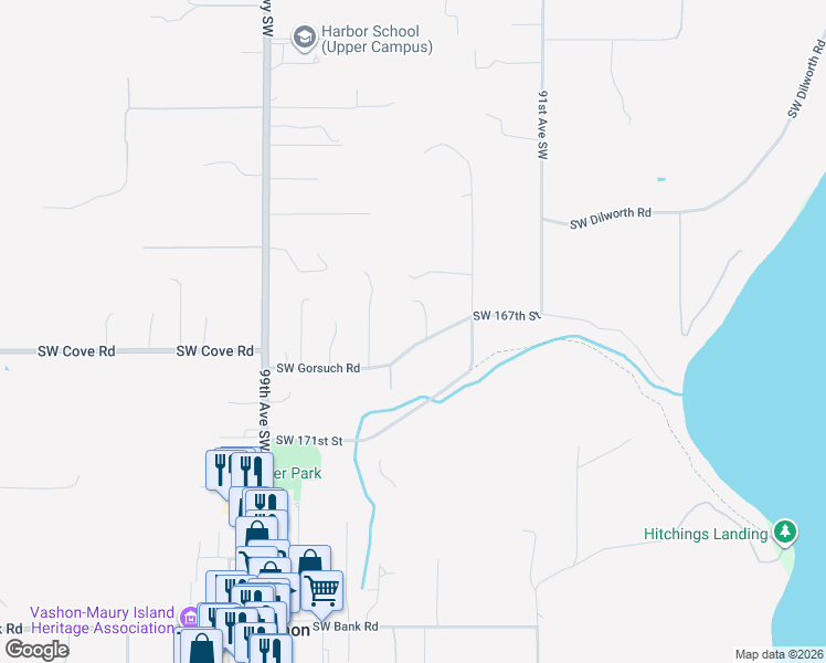 map of restaurants, bars, coffee shops, grocery stores, and more near 9330 Southwest Gorsuch Road in Vashon