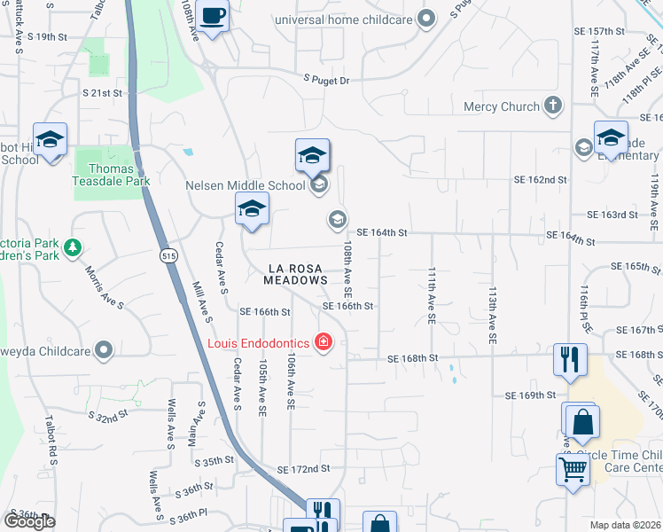 map of restaurants, bars, coffee shops, grocery stores, and more near 10730 Southeast 165th Street in Renton