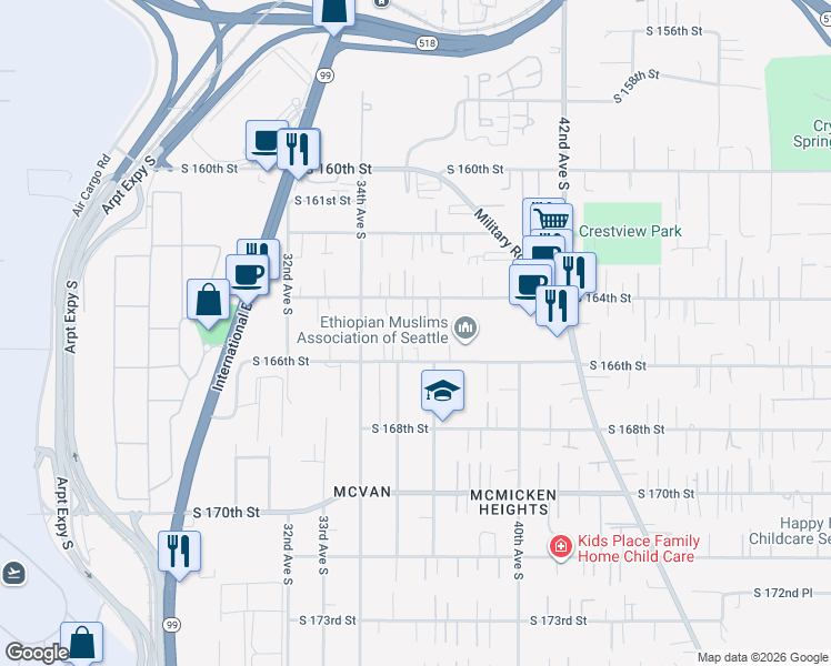 map of restaurants, bars, coffee shops, grocery stores, and more near 3437 South 164th Street in SeaTac
