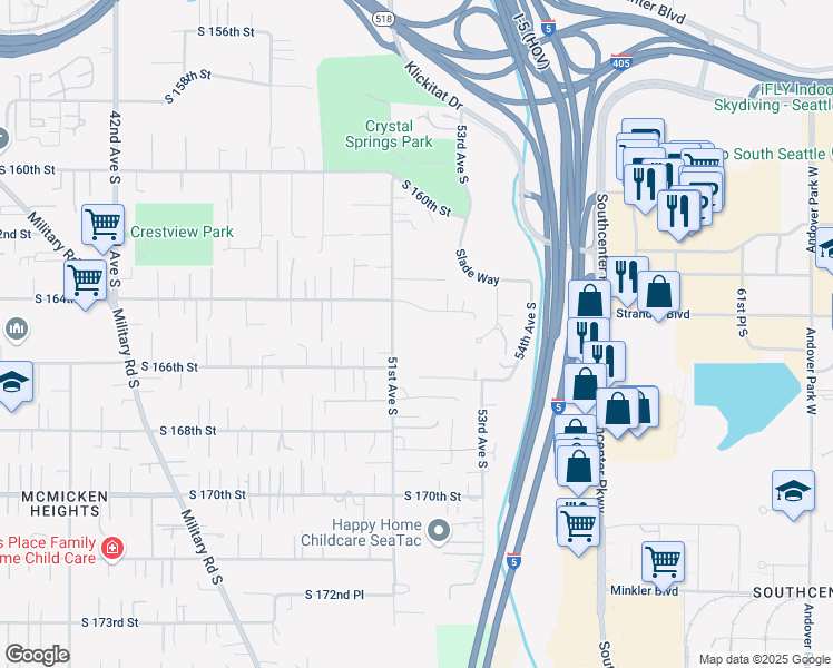 map of restaurants, bars, coffee shops, grocery stores, and more near 16428 51st Avenue South in Tukwila