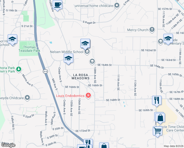 map of restaurants, bars, coffee shops, grocery stores, and more near 10730 Southeast 165th Street in Renton