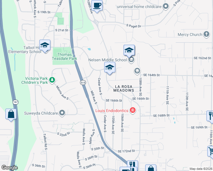 map of restaurants, bars, coffee shops, grocery stores, and more near 16415 108th Avenue Southeast in Renton