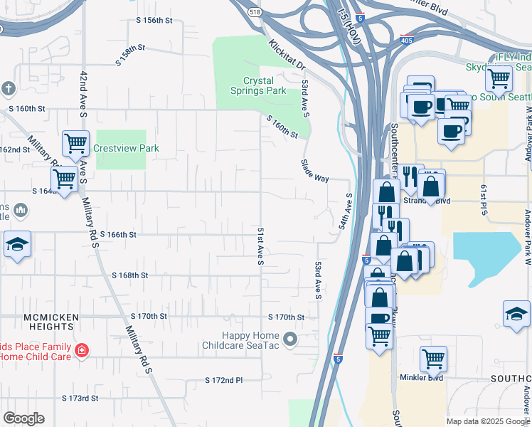 map of restaurants, bars, coffee shops, grocery stores, and more near 16428 51st Avenue South in Tukwila