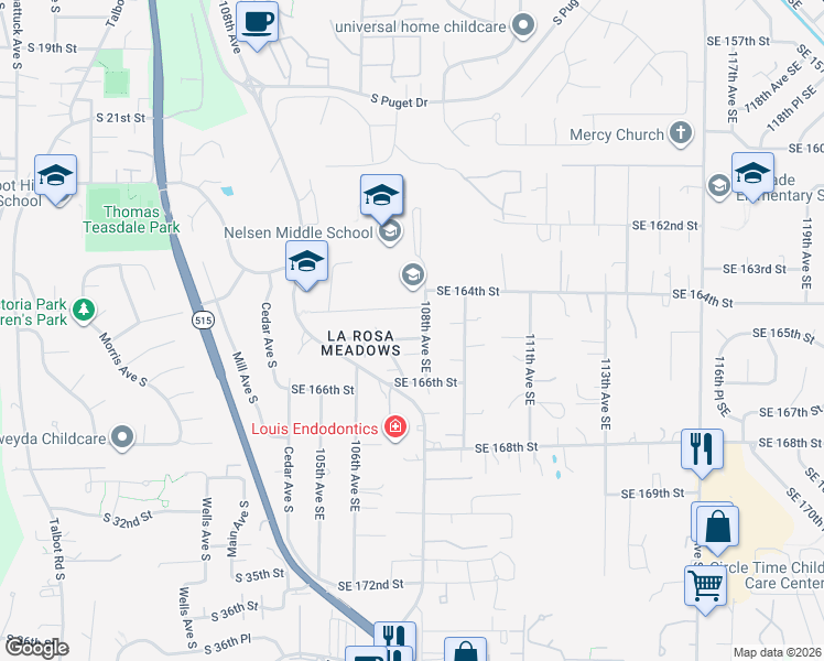 map of restaurants, bars, coffee shops, grocery stores, and more near 10730 Southeast 165th Street in Renton