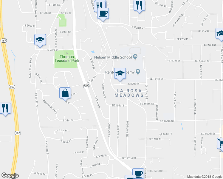 map of restaurants, bars, coffee shops, grocery stores, and more near 16415 108th Avenue Southeast in Renton