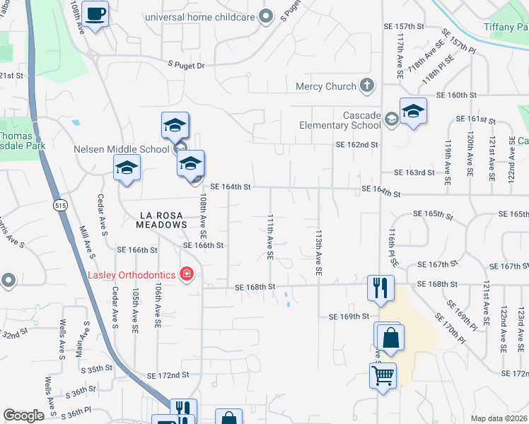 map of restaurants, bars, coffee shops, grocery stores, and more near 16433 111th Avenue Southeast in Renton